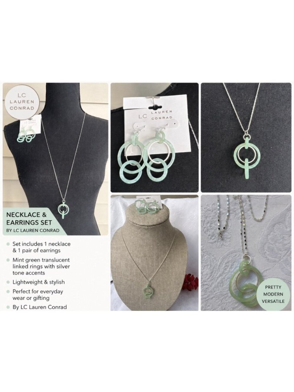 LC Lauren Conrad Set Pendant Necklace & Earrings Green Silver Circle Hoops NEW